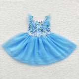 Cartoon Dogs Sky Blue Gauze Tulle Girls Flutter Sleeve Dress