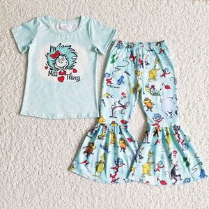 Promotional Cartoon Cats Reading Miss Thing Sky Blue Girls Short Sleeve+Trousers Sets