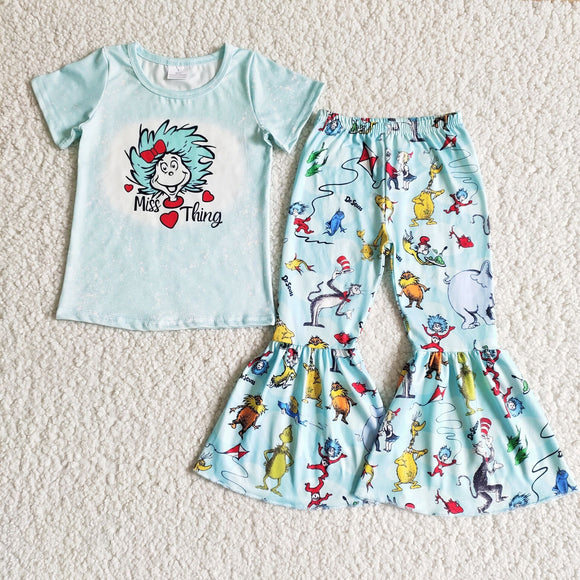 Promotional Cartoon Cats Reading Miss Thing Sky Blue Girls Short Sleeve+Trousers Sets