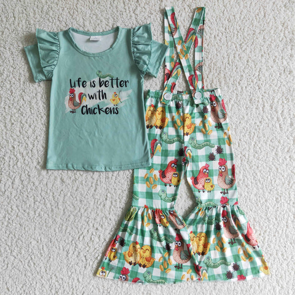 Chicken Plaid Girls Suspender Pants Overalls Sets