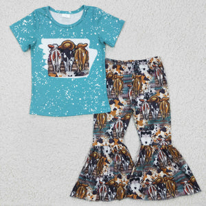 Rodeo Cows Blue Girls Short Sleeve+Trousers Sets