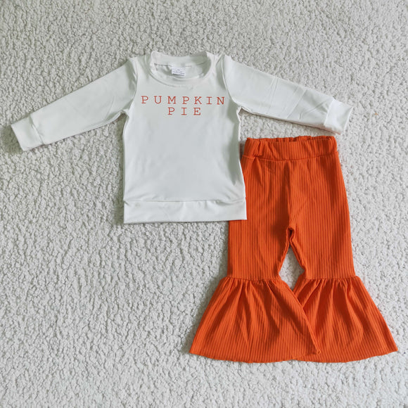Pumpkin Pie Letters White Orange Girls Long Sleeve+Trousers Sets