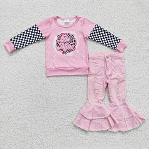 Be Mine Plaid Pink Denim Girls Long Sleeve+Trousers Sets