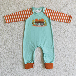 Promotional Pumpkin Car Orange Stripes Green Boys Fall Romper