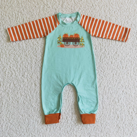 Promotional Pumpkin Car Orange Stripes Green Boys Fall Romper