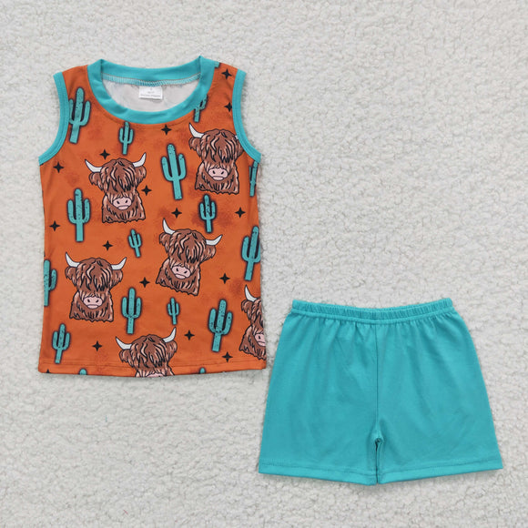 Highland Cow Yak Cactus Orange Boys Shorts Sets