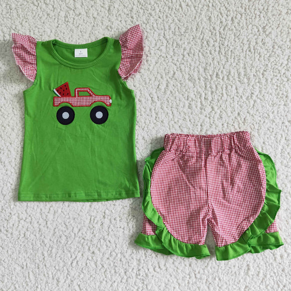 Watermelon Truck Embroidery Green Red Girls Shorts Sets