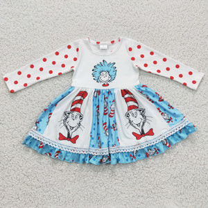 Cartoon Cats Reading Patchwork Girls Long Sleeve Dress
