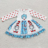 Cartoon Cats Reading Patchwork Girls Long Sleeve Dress