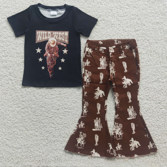 Wild West Rodeo Jeans Girls Short Sleeve+Trousers Sets