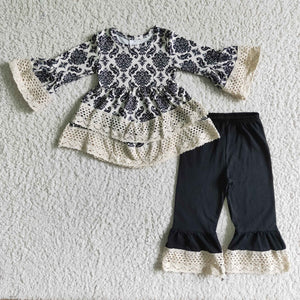 Promotional Floral Lace Black Girls Long Sleeve+Trousers Sets