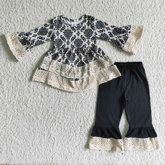 Promotional Floral Lace Black Girls Long Sleeve+Trousers Sets