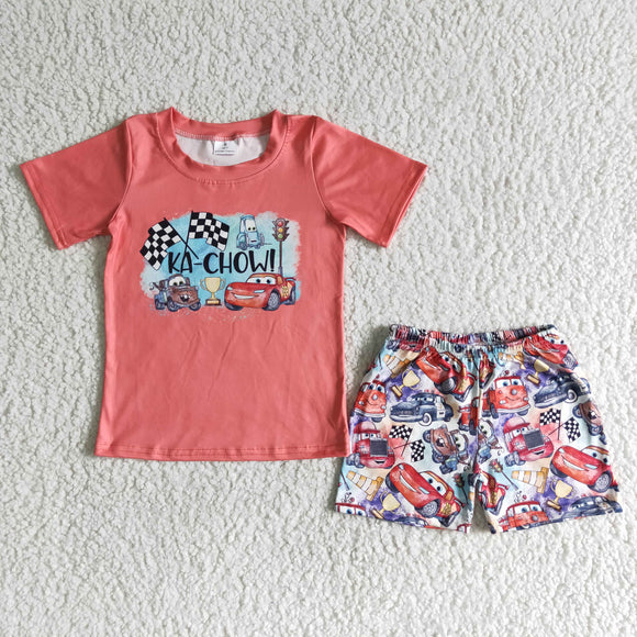 Promotional Cartoon Car Coral Boys Shorts Sets