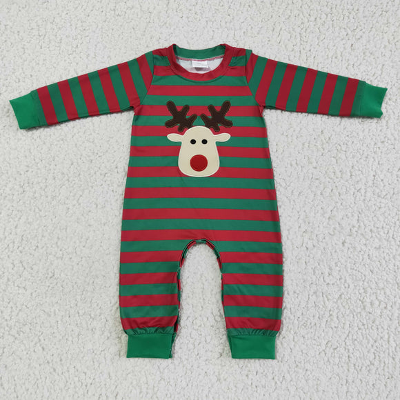Reindeer Embroidery Stripe Green Boys Christmas Romper