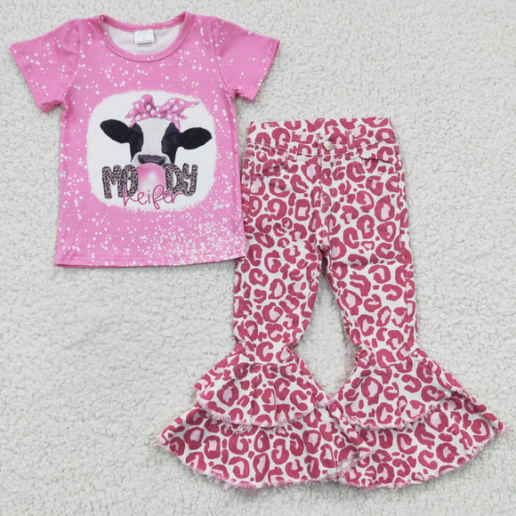 Moody Heifer Pink Jeans Girls Short Sleeve+Trousers Sets