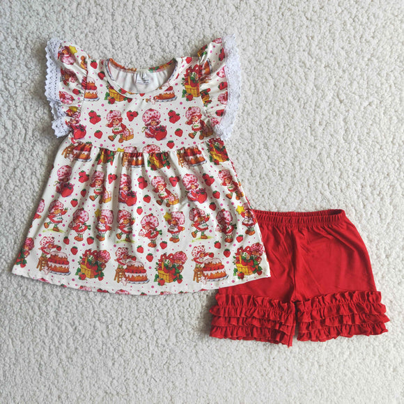 Strawberry Princess Lace Red Girls Shorts Sets