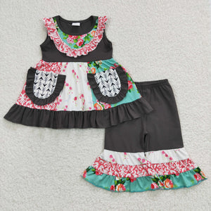 Floral Pockets Dark Gray Girls Short Sleeve+Trousers Sets