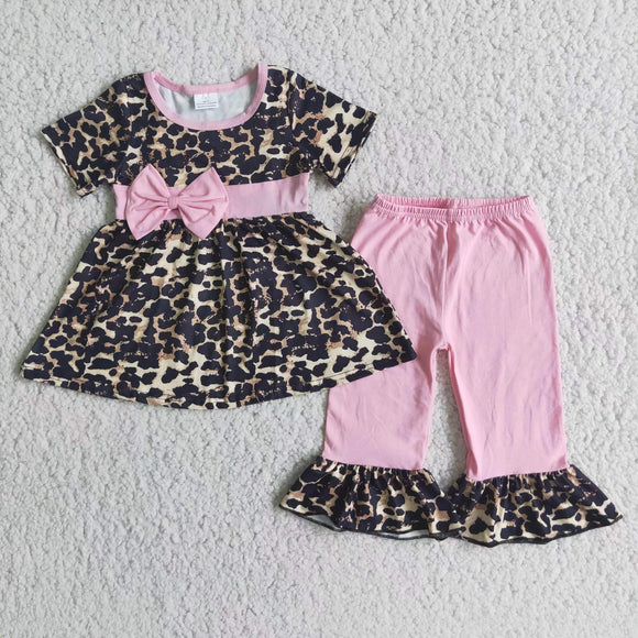 Promotional Pink Bow Leopard Print Girls Short Sleeve+Trousers Sets