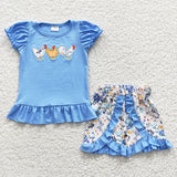 Floral Chicken Sky Blue Girls Shorts Sets