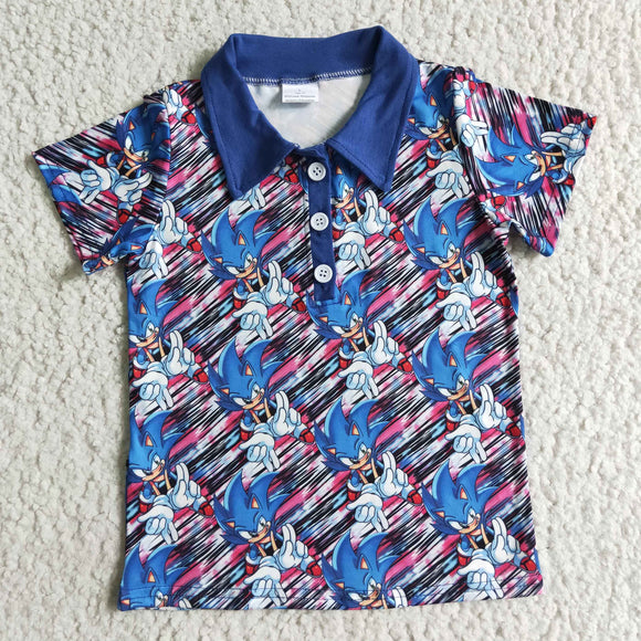 Cartoon Blue Polo Boys Short Sleeve Top