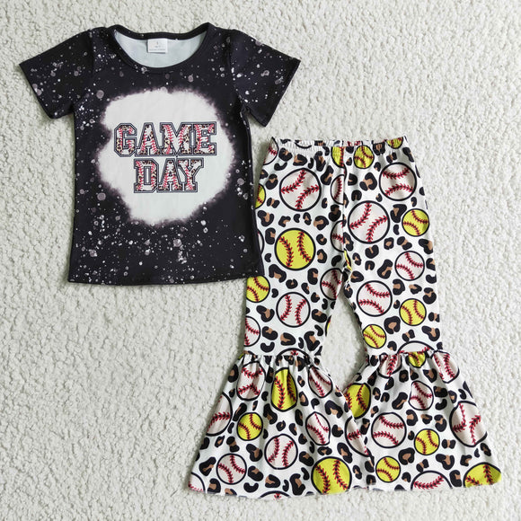 Game Day Letters Baseball Leopard Print Black Girls Short Sleeve+Trousers Sets