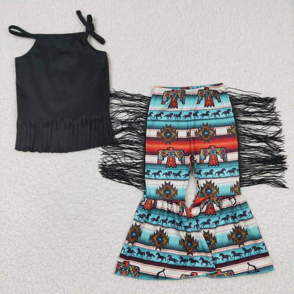 Solid Black Eagle Tassels Girls Short Sleeve+Trousers Sets