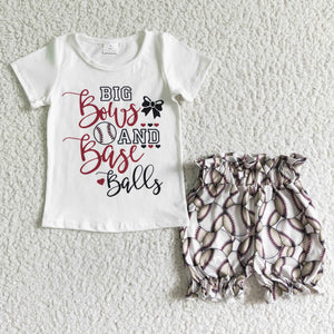 Promotional Big Bows Baseballs White Girls Shorts Sets