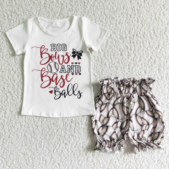 Promotional Big Bows Baseballs White Girls Shorts Sets