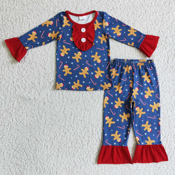 Gingerbread Red Navy Girls Christmas Pajamas