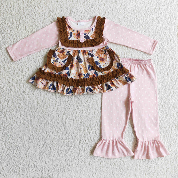 Floral Brown Ruffles Pockets Pink Girls Long Sleeve+Trousers Sets