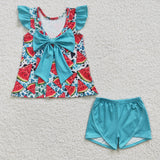 Promotional Watermelon Sky Blue Bow Girls Shorts Sets