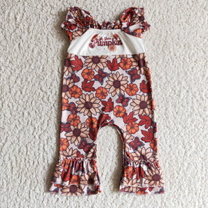 Pumpkin Floral Butterfly Orange White Girls Fall Romper