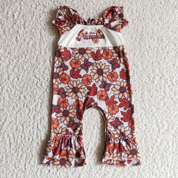 Pumpkin Floral Butterfly Orange White Girls Fall Romper