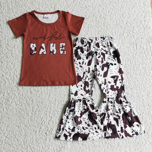 Promotional Babe Letters Cow Print Red Girls Short Sleeve+Trousers Sets