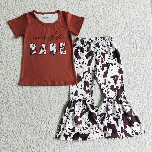 Promotional Babe Letters Cow Print Red Girls Short Sleeve+Trousers Sets