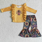 Turkey Yellow Ruffles Sunflower Girls Thanksgiving Outfits