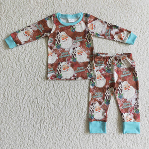 Promotional Santa Sky Blue Brown Boys Christmas Pajamas