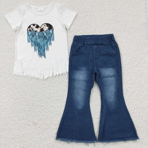 Cowhide Gem Jeans Girls Short Sleeve+Trousers Sets