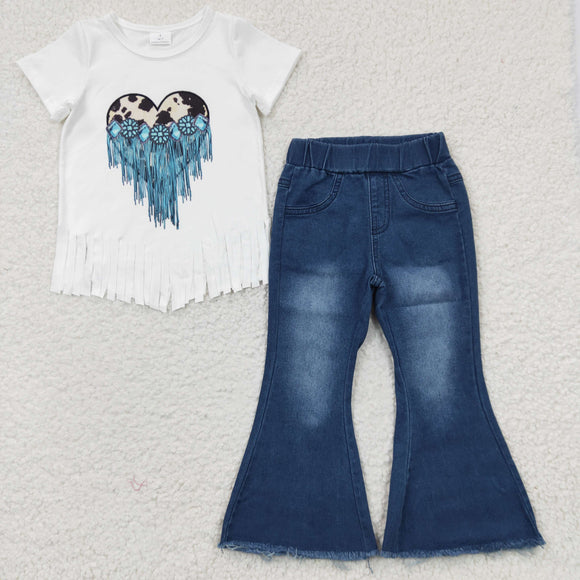 Cowhide Gem Jeans Girls Short Sleeve+Trousers Sets