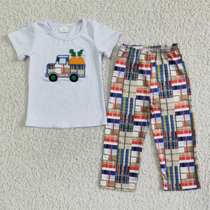 Pumpkin Truck Embroidery Boys Short Sleeve+Trousers Sets