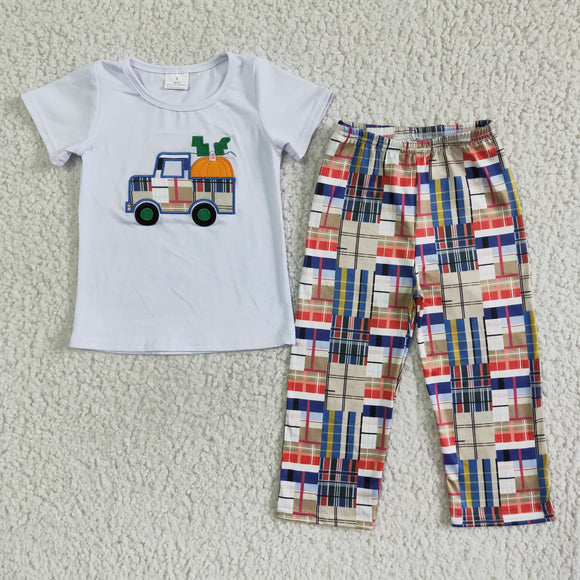 Pumpkin Truck Embroidery Boys Short Sleeve+Trousers Sets
