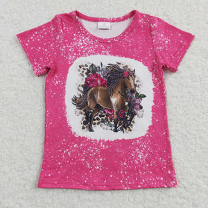 Horse Floral Hot Pink Girls Short Sleeve Top