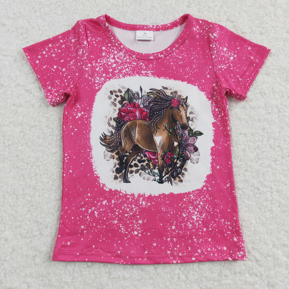 Horse Floral Hot Pink Girls Short Sleeve Top