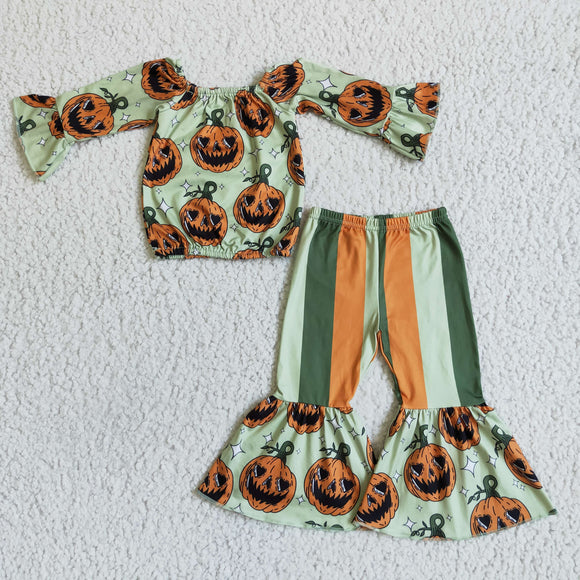 Promotional Pumpkin Green Stripes Girls Halloween Outfits