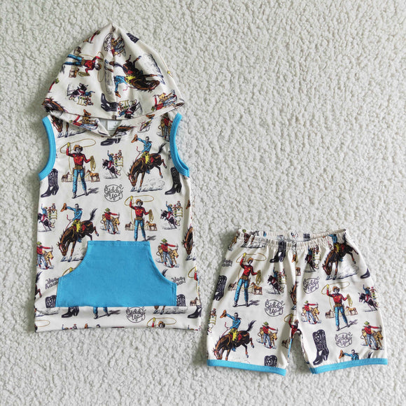 Rodeo Blue White Summer Hoodie Sets Boys Shorts Sets