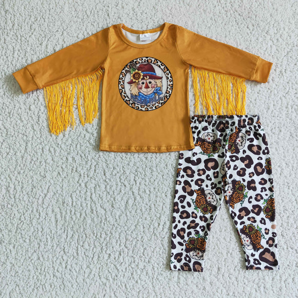 Promotional Scarecrow Orange Tassels Leopard Print Legging Girls Long Sleeve+Trousers Sets