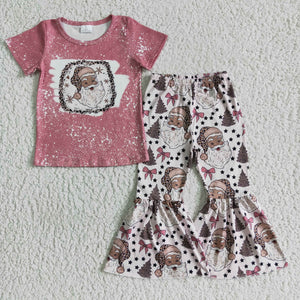 Promotional Santa Print Pink White Girls Christmas Outfits