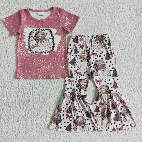 Promotional Santa Print Pink White Girls Christmas Outfits
