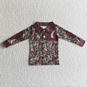 Jungle Deer Leaves Camo Brown Polo Boys Long Sleeve Top