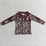 Jungle Deer Leaves Camo Brown Polo Boys Long Sleeve Top